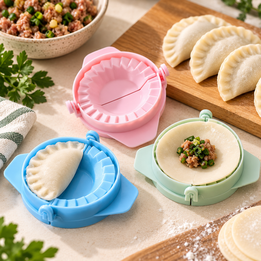 Three silicone dumpling press molds in blue, pink, and mint green are shown on a floured surface with dough, filling, and finished dumplings around them.