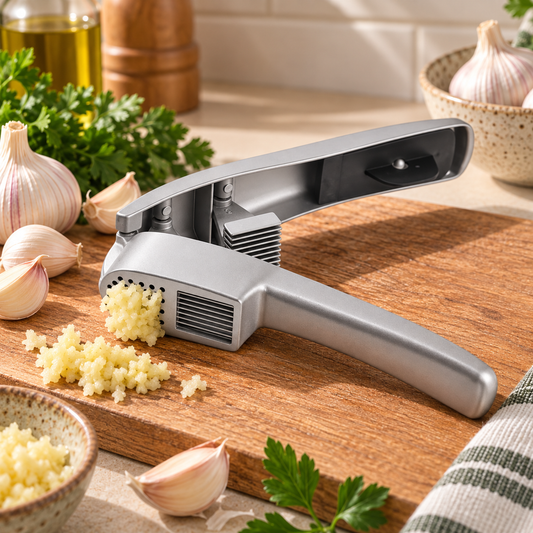 A silver garlic press tool resting on a wooden cutting board, with minced garlic being extruded. Whole garlic bulbs, parsley, and kitchen ingredients are arranged around it in a real kitchen setting.