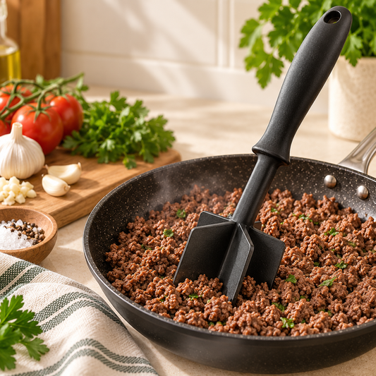 A black multi-pronged meat tenderizer resting in a black frying pan filled with cooked ground meat, set on a kitchen counter with tomatoes, garlic, parsley, and a striped cloth nearby.
